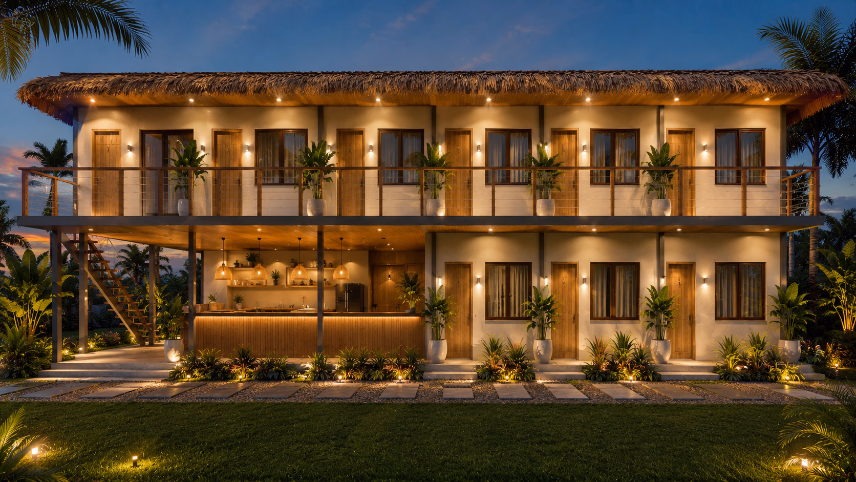 The nine rooms at dusk: six along the balcony, three on the garden level. Tap a door to begin with that room.