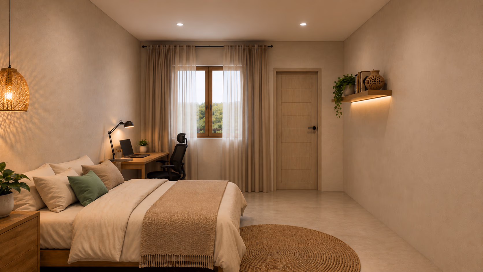 Inside every room: the bed, a real desk with an ergonomic chair and island light