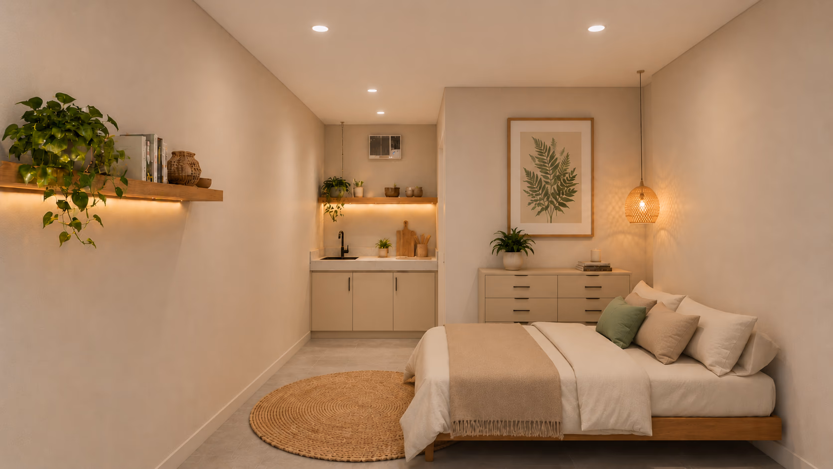 The other side of the room: bed with a dresser, floating shelf and a compact kitchenette