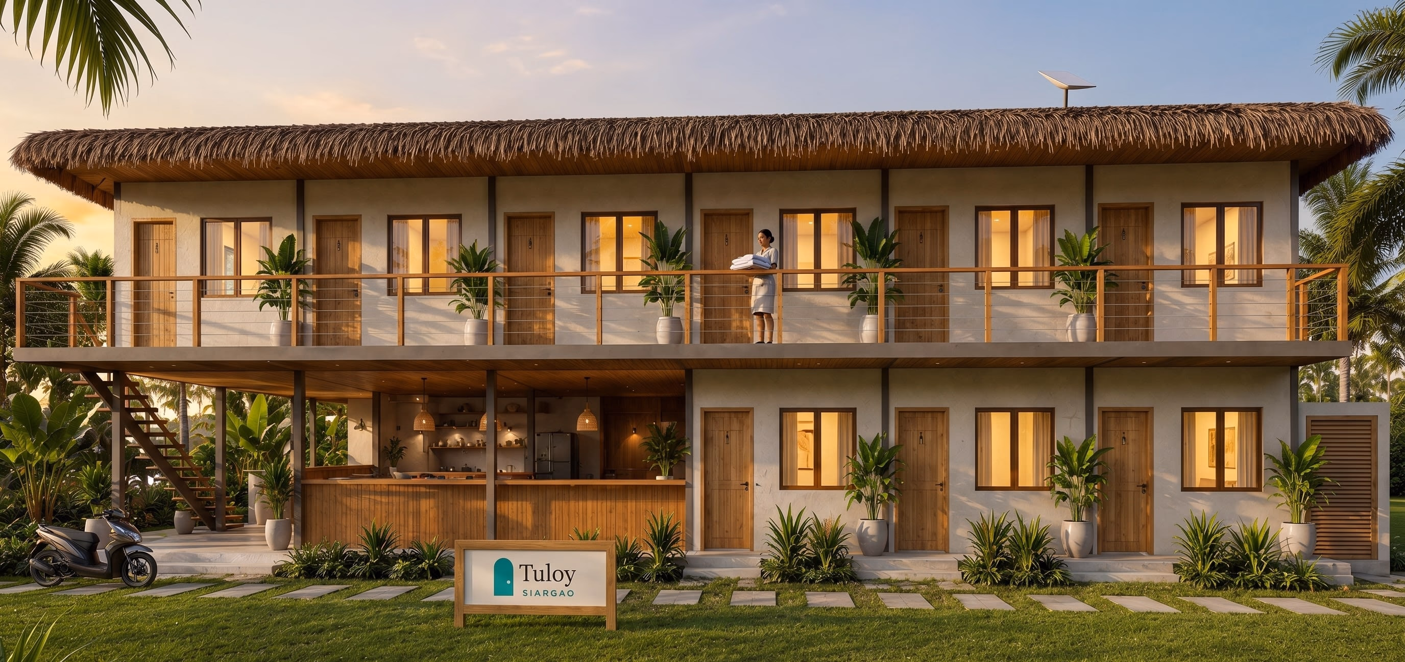 Tuloy Siargao from the front at golden hour: the Starlink dish on the roof, the coworking bar under the balcony, a housekeeper on the balcony, a scooter at the door, the backup generator at the side and a Tuloy sign at the path
