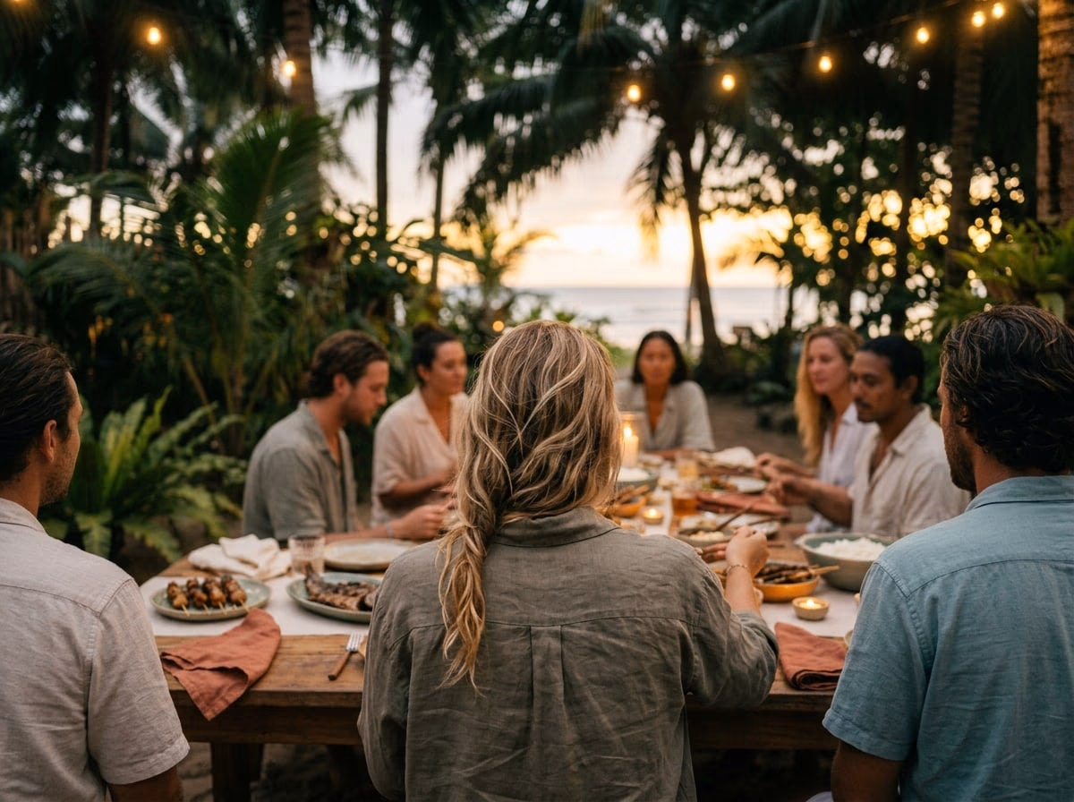 A long-table dinner under festoon lights