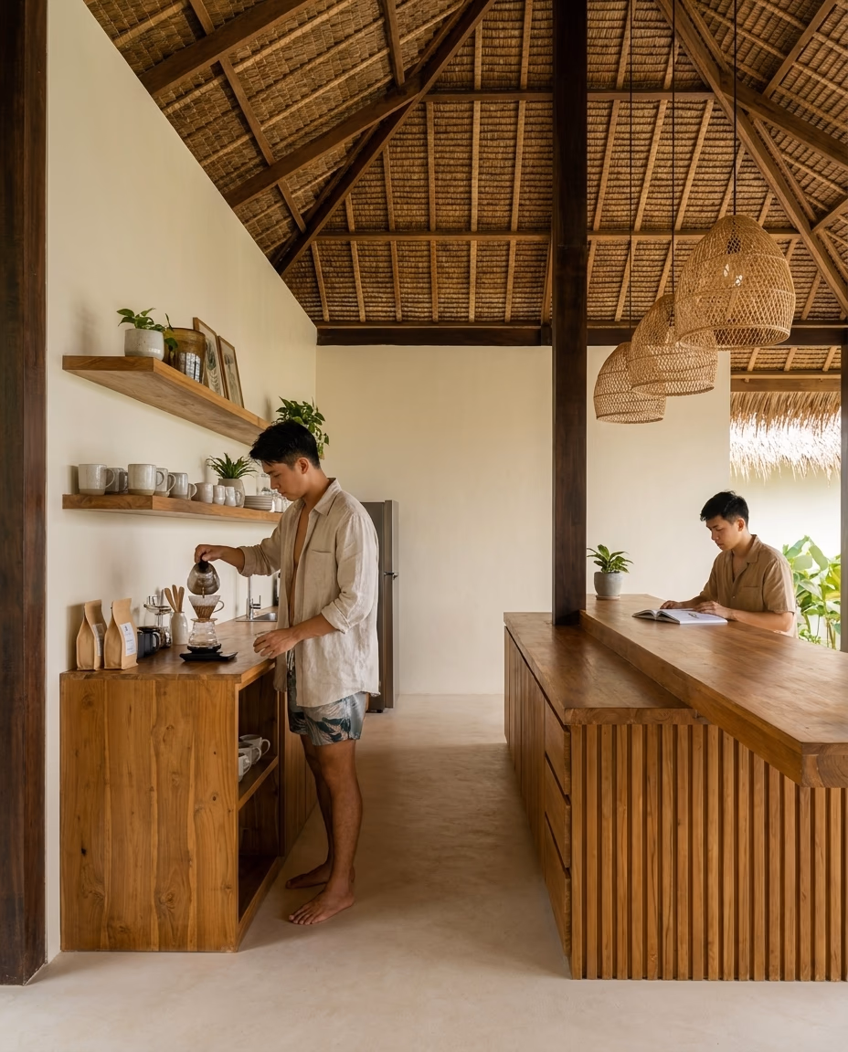Morning coffee on the timber bar, woven light overhead