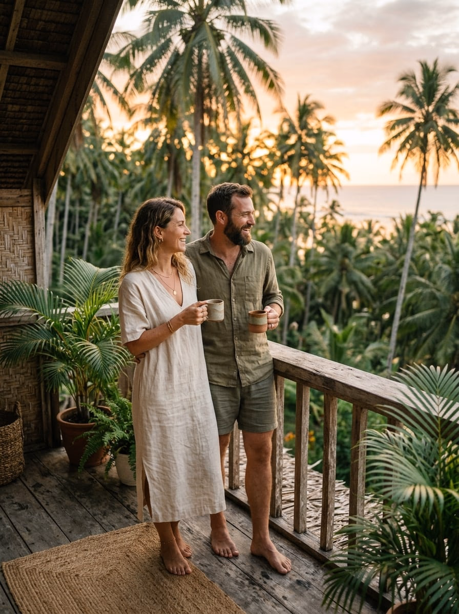 A couple watching the sunset from a wooden terrace in Siargao