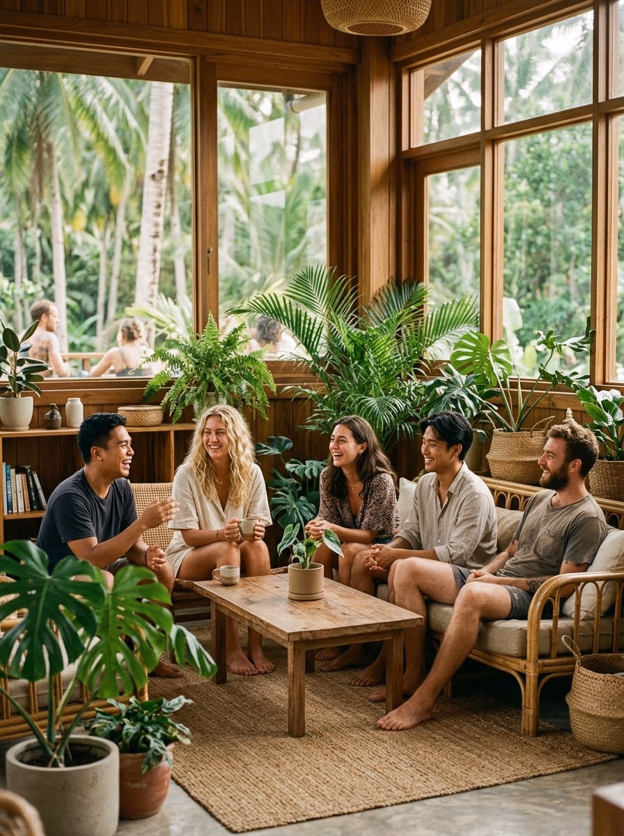 A group of friends relaxing in a plant-filled communal lounge in Siargao