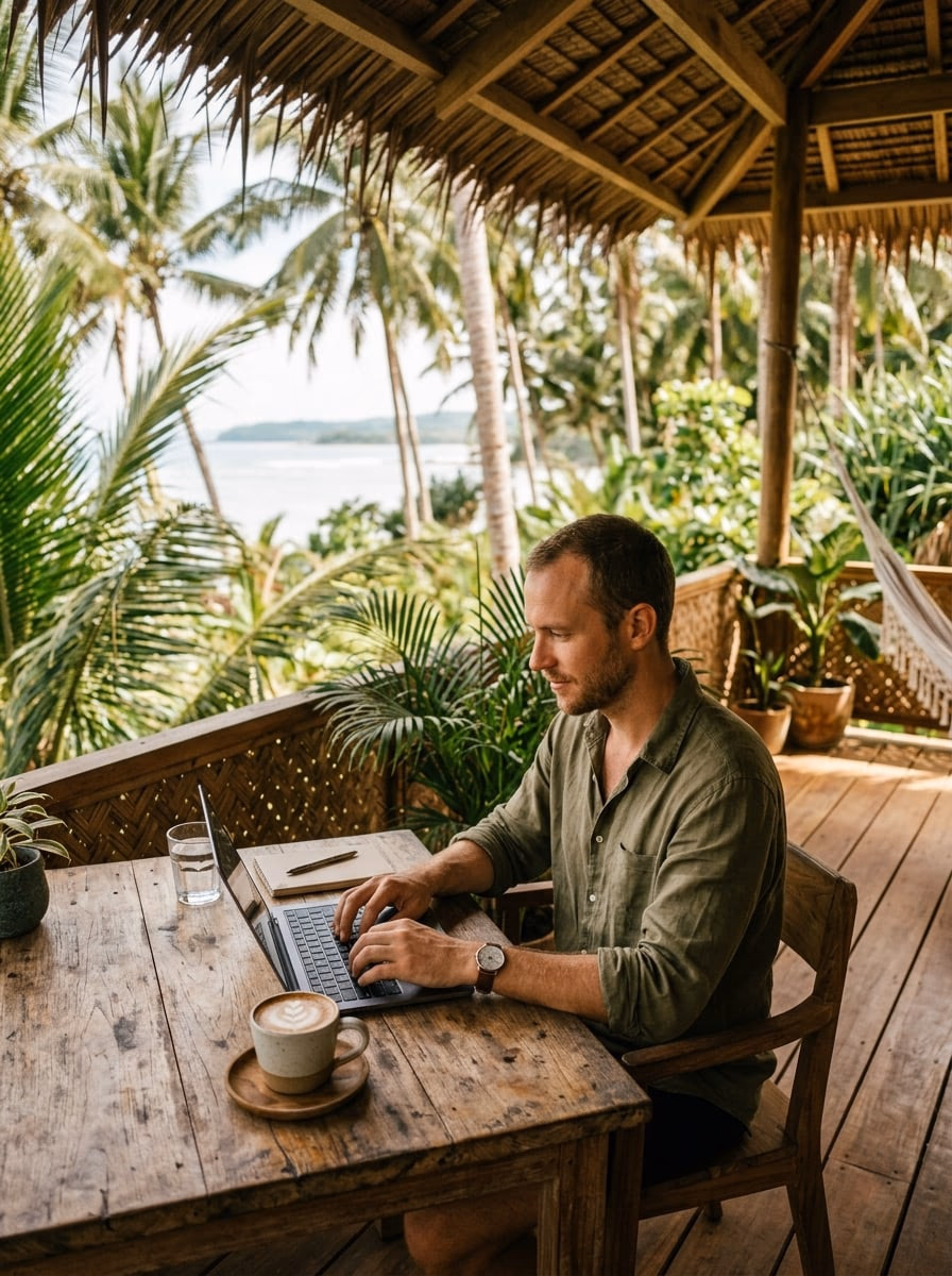 A digital nomad working on a laptop on a tropical terrace in Siargao