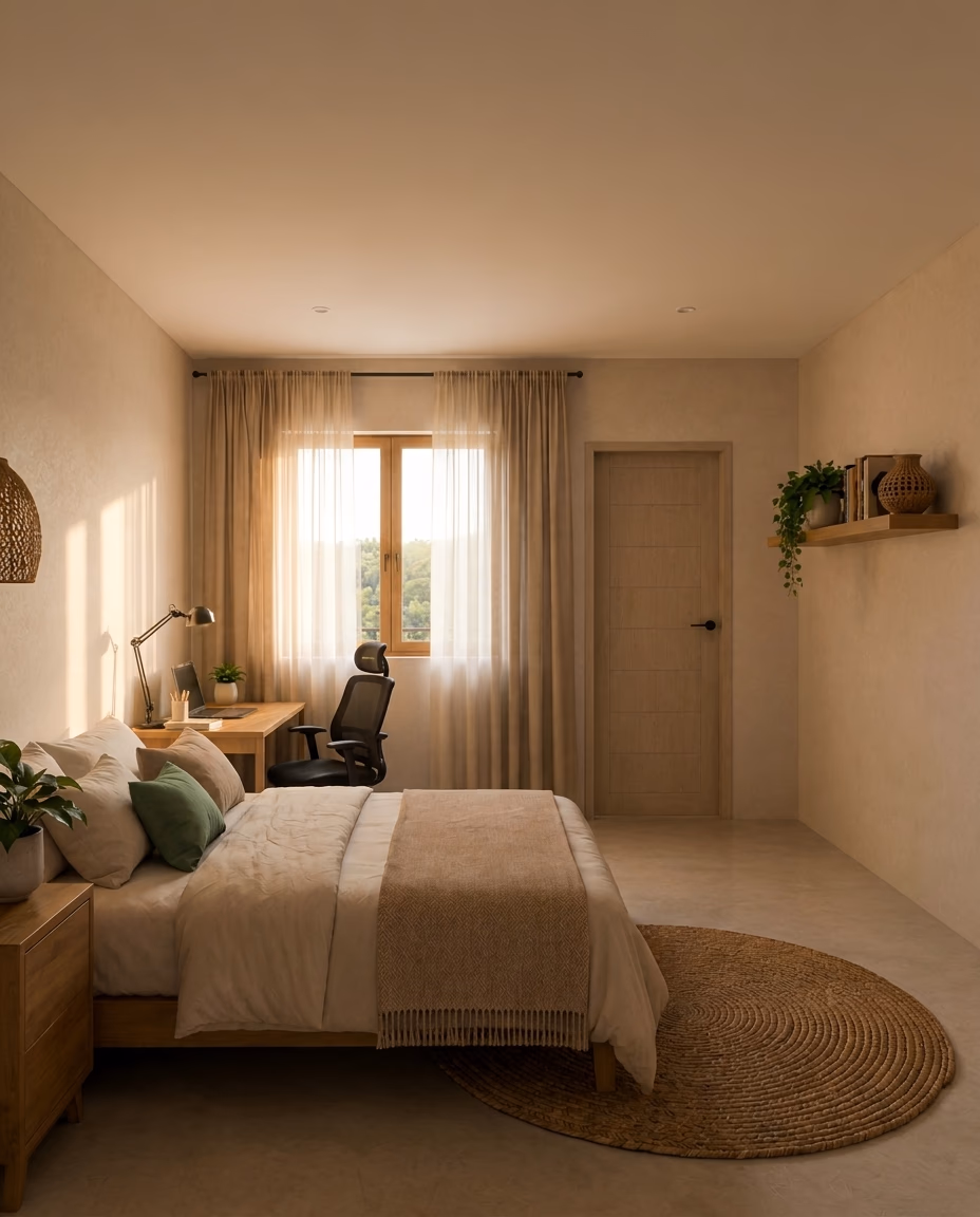 Inside every room at first light: linen bed, sheer curtain, the real desk