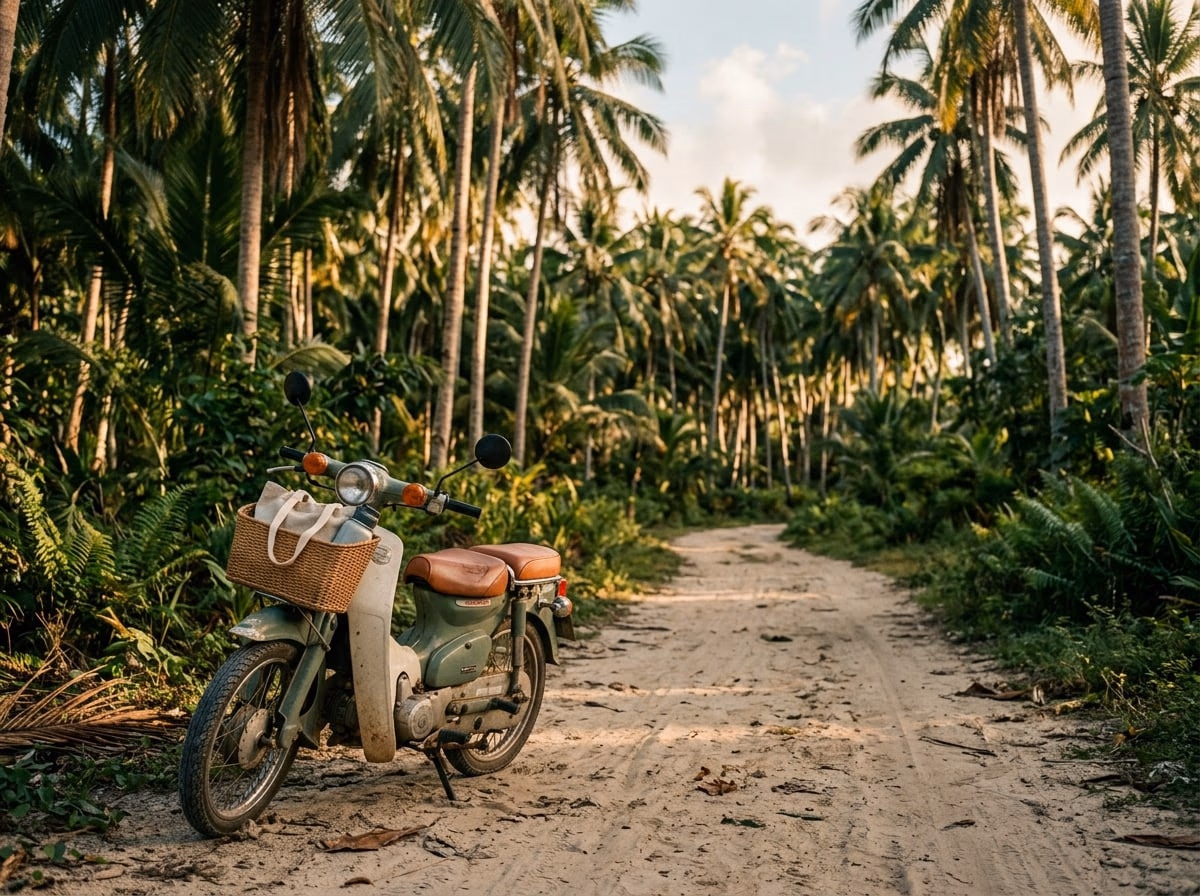 A scooter on a palm-lined sand road