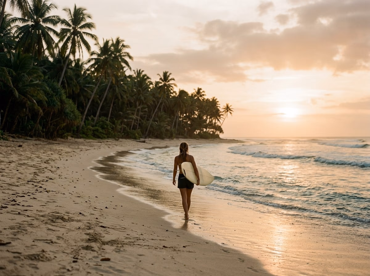 A surfer at the shoreline at first light