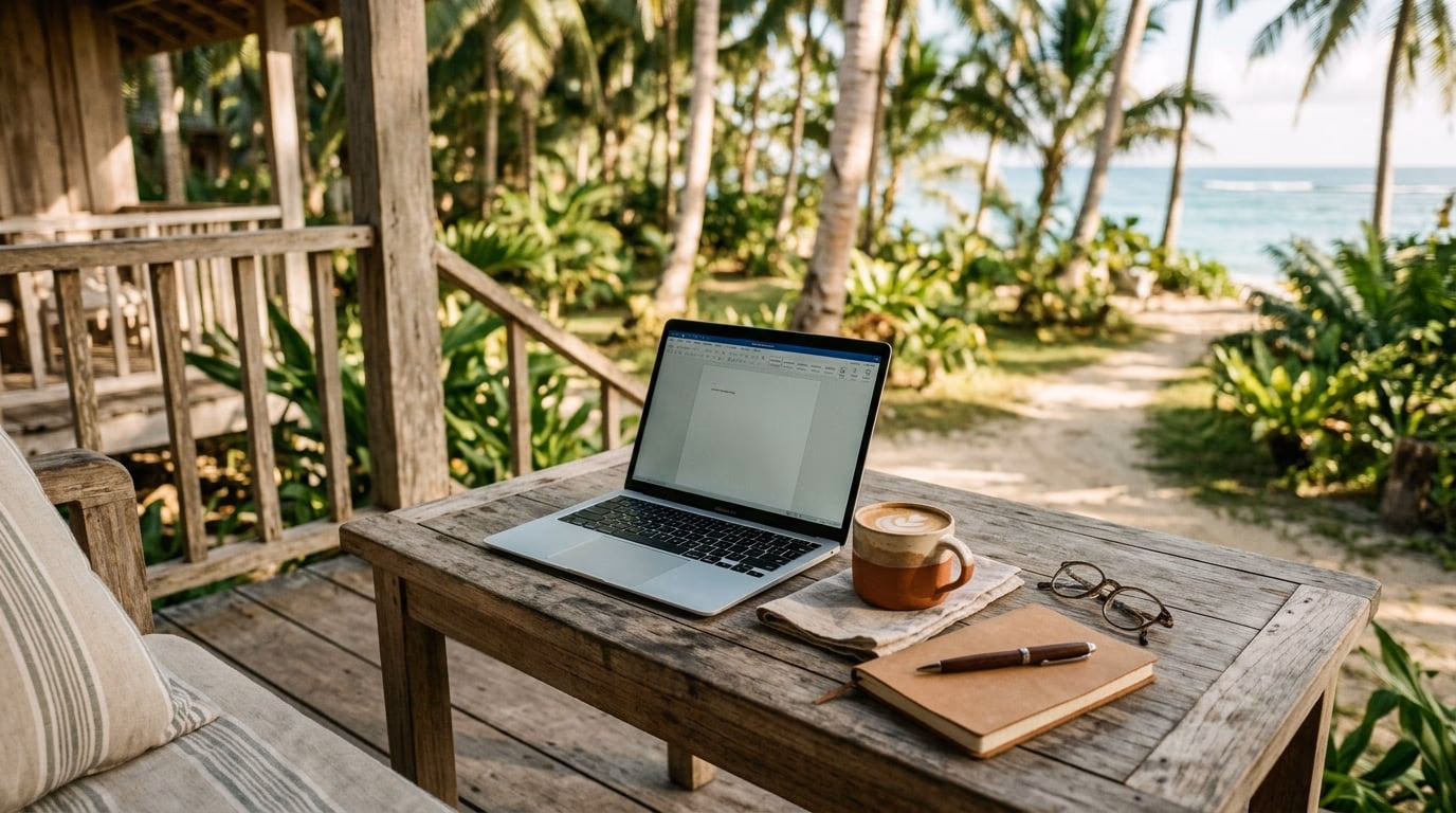 A laptop on a desk by an open window with palms outside, set up for a working day